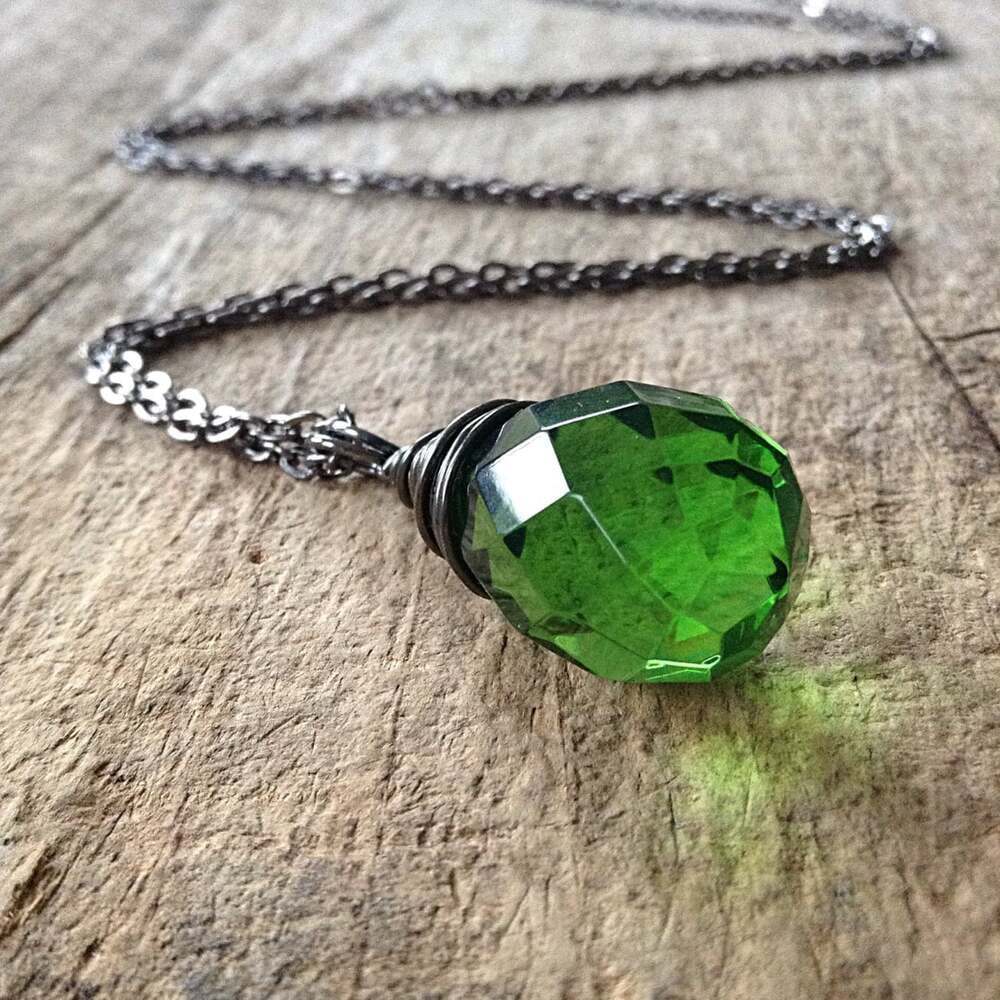 Green Peridot August Birthstone Necklace Wire Wrap Faceted Glass Teardrop Charm